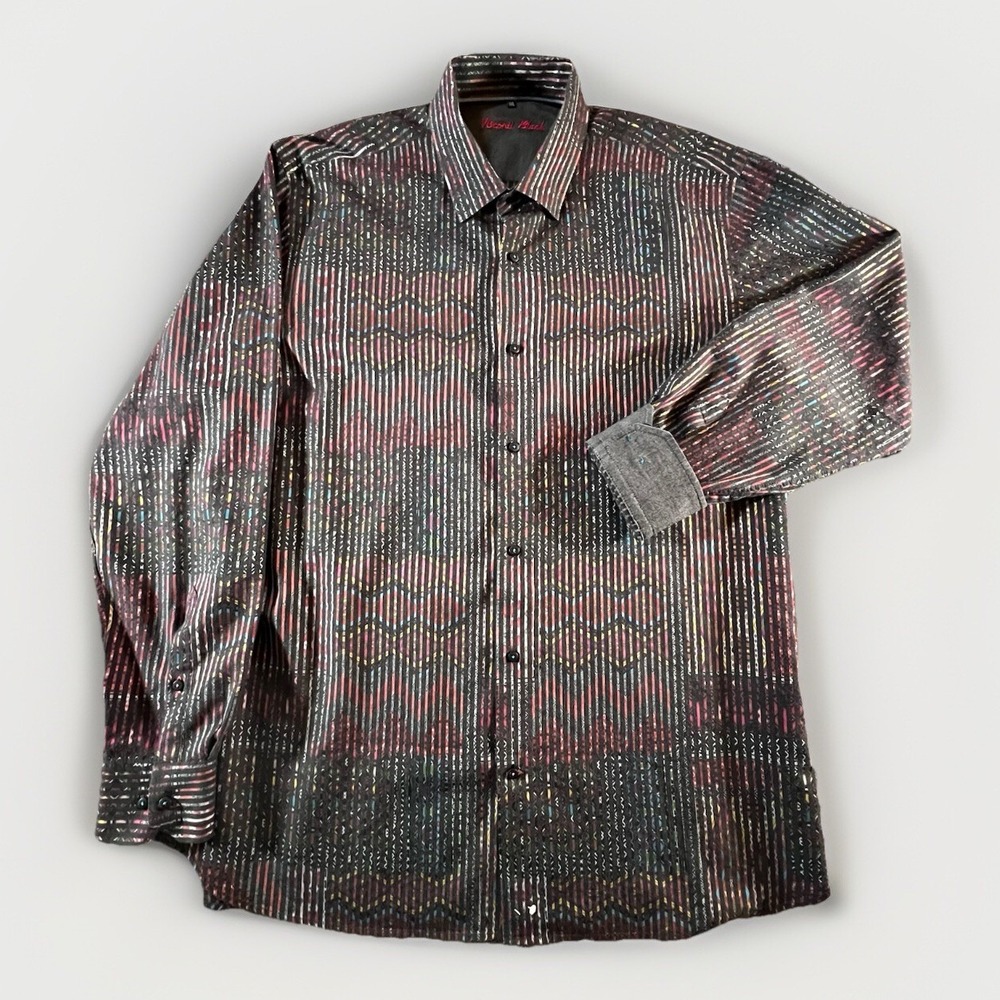 Visconti Black Button Down Shirt Mens XXL Black Multi‎ Geometric Stripe Cotton